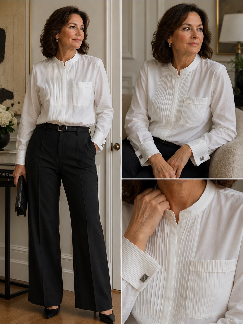 Donna Karan White Pleated Mandarin Collar Shirt - Picture 10 of 10